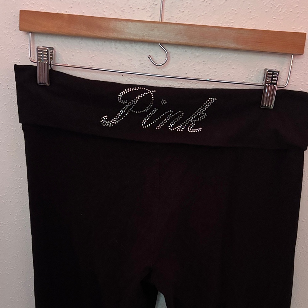 PINK Victoria's Secret Black Fold Over Flare Leggings with Rhinestone never worn